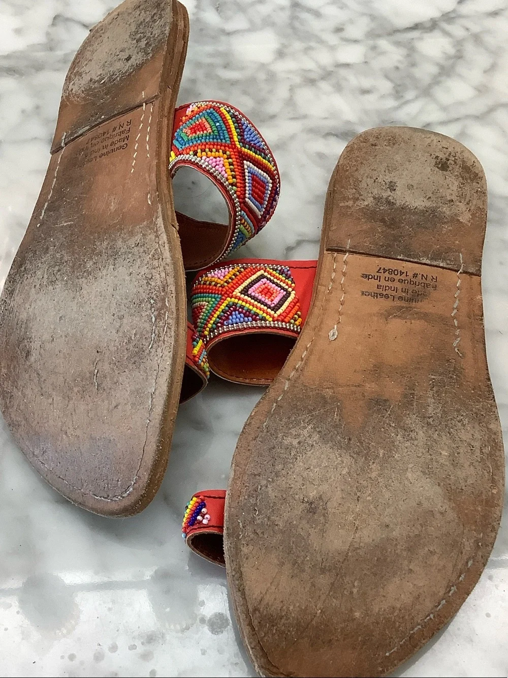 BOHO Leather Slide Sandals with Multicolor Beaded Straps sz 8